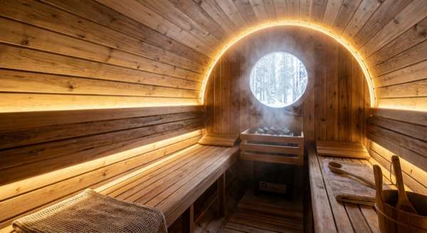Interior of tonnensauna showing curved ceiling