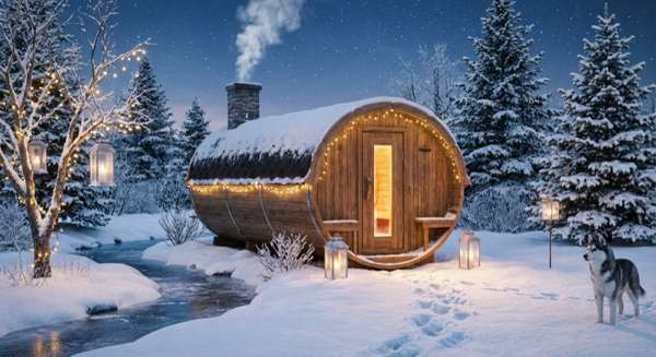 Classic barrel/tonnensauna in snowy winter garden