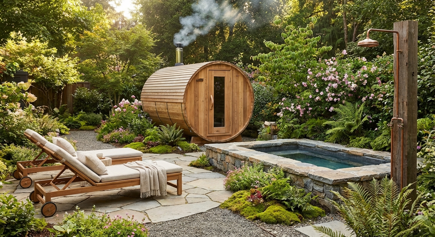 Complete garden wellness area: barrel sauna