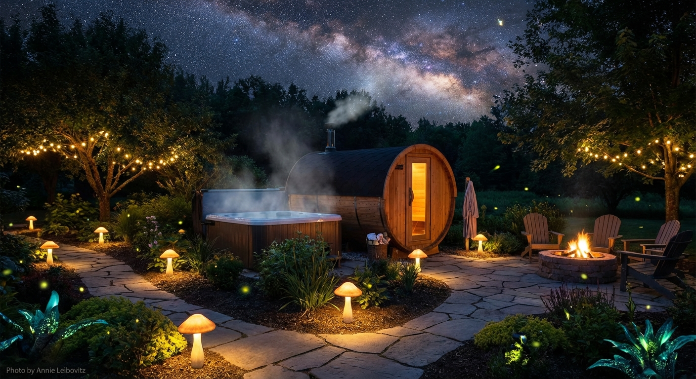 Garden wellness area at night with barrel sauna