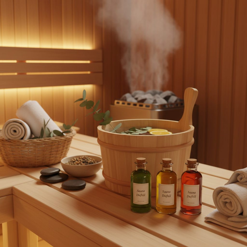Zutaten für selbst gemachten Saunaaufguss: ätherische Öle, Wodka und Wasser auf einem Holztisch
