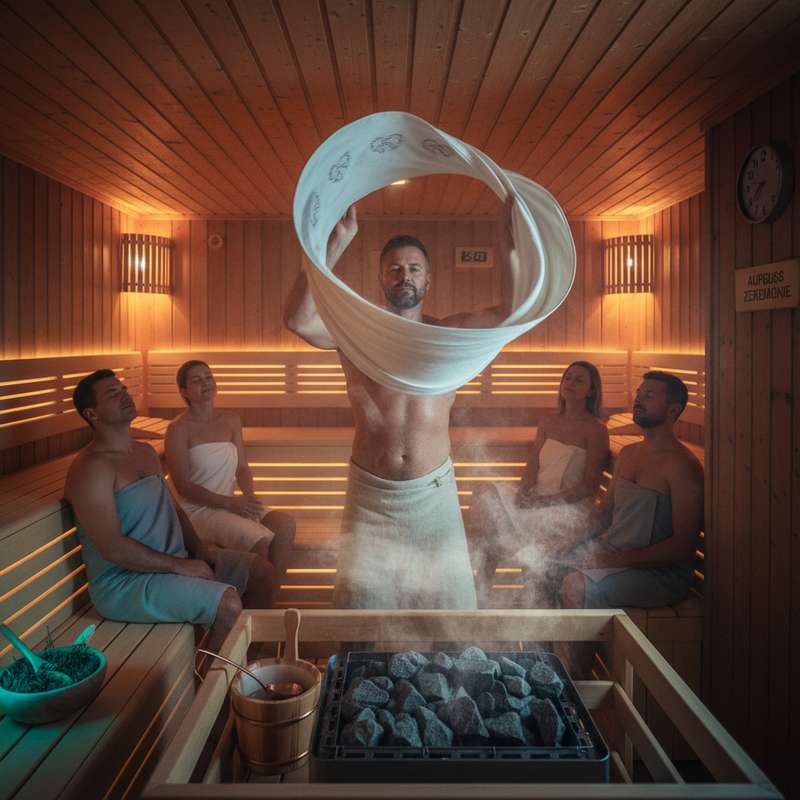 Wedeltechnik beim Aufguss — Saunamaster mit Tuch