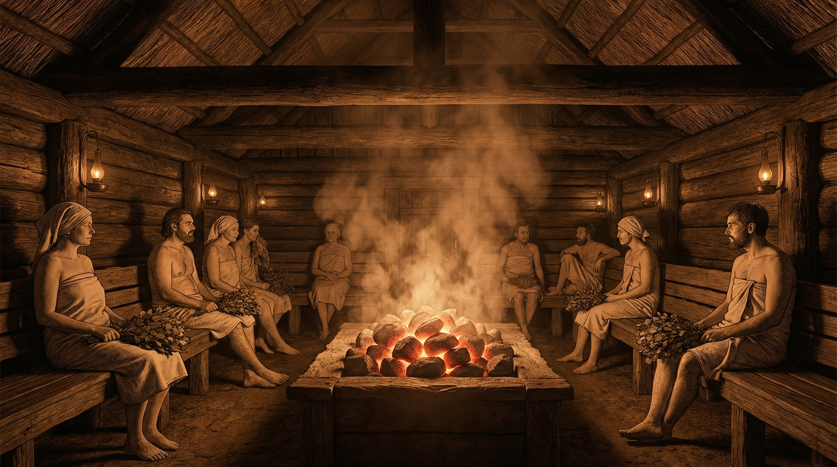 Historische Darstellung einer mittelalterlichen Badstube – Vorläufer der modernen Sauna