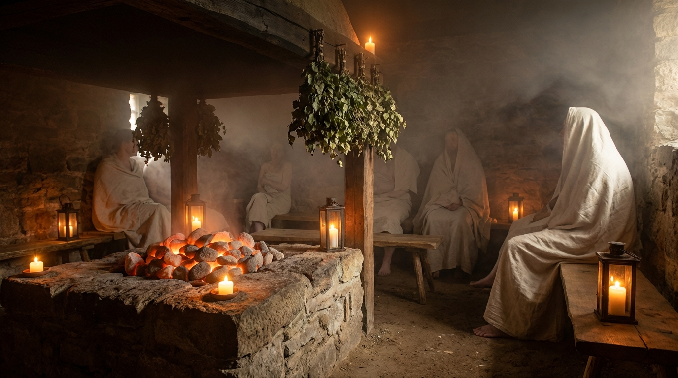 Mittelalterliche Badstube: Schwitzraum mit erhitzten Steinen und Holzbänken