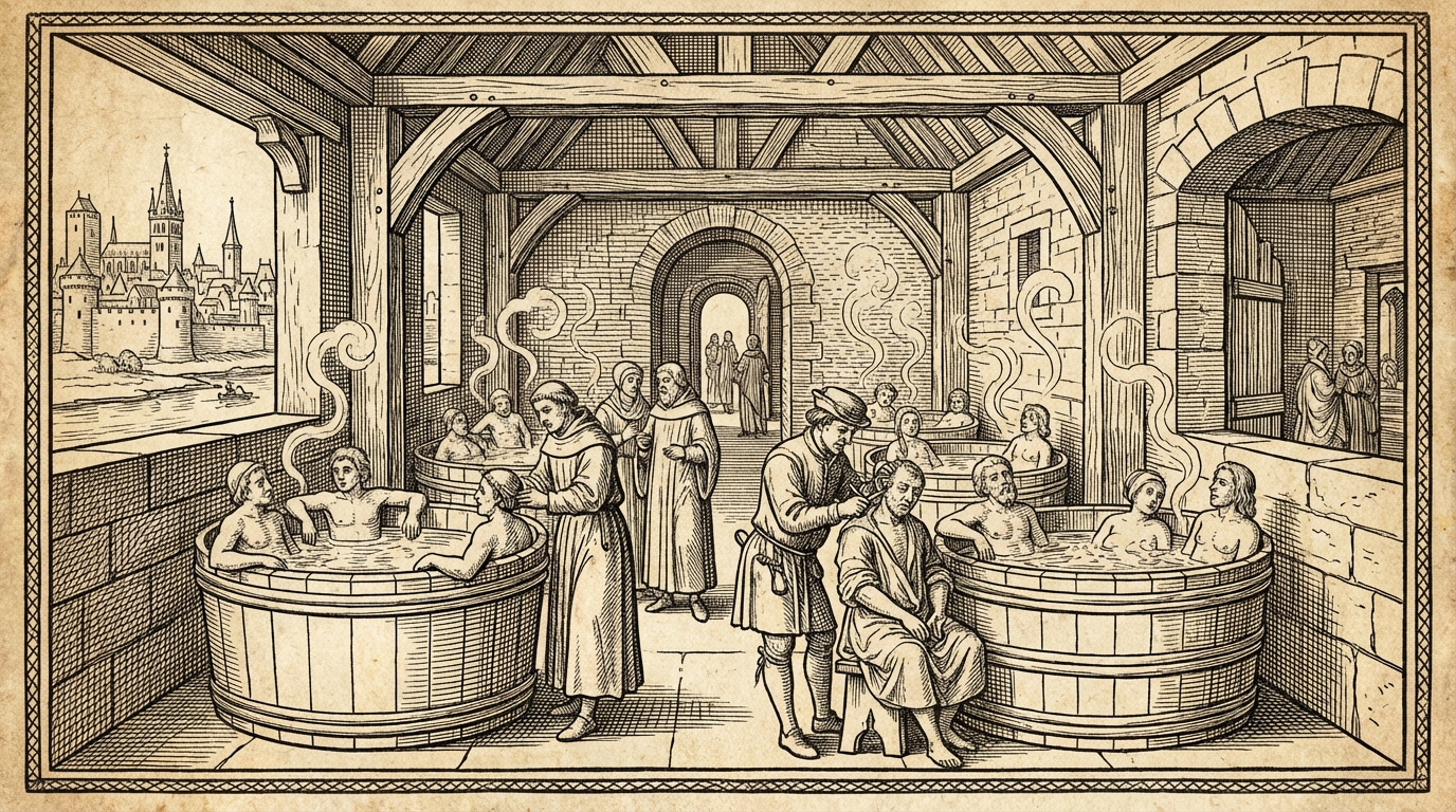 Holzschnitt aus dem 15. Jahrhundert: Bader und Badegäste in einer mittelalterlichen Badstube