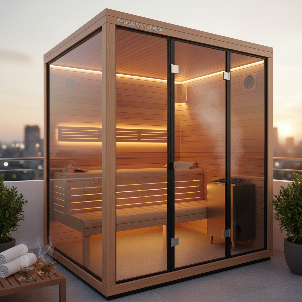 Kompakte Balkonsauna auf einem modernen Stadtbalkon mit Holzverkleidung