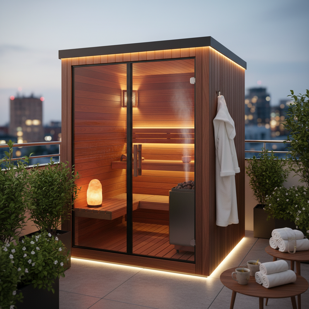 Balkonsauna auf einem Stadtbalkon mit Blick ins Freie