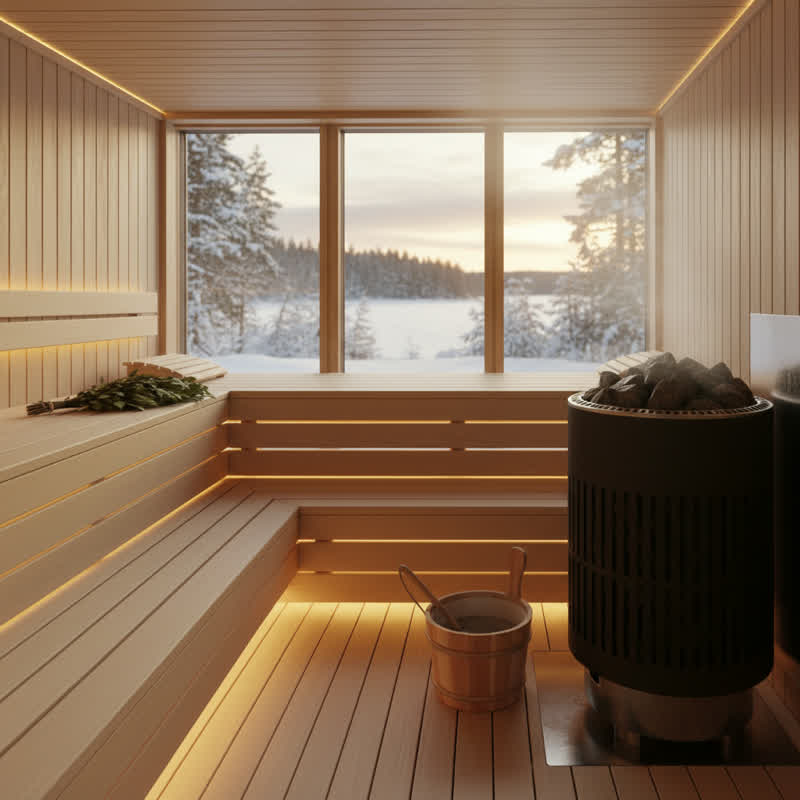 Finnische Sauna – Holzbänke und Saunaofen wie in der Schwimmhalle Helene-Weigel-Platz Marzahn