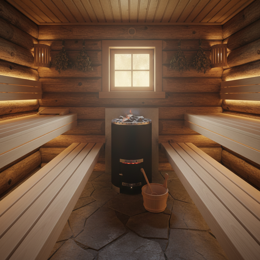 Innenansicht einer Blockbohlensauna mit Holzofen und Ruhebänken