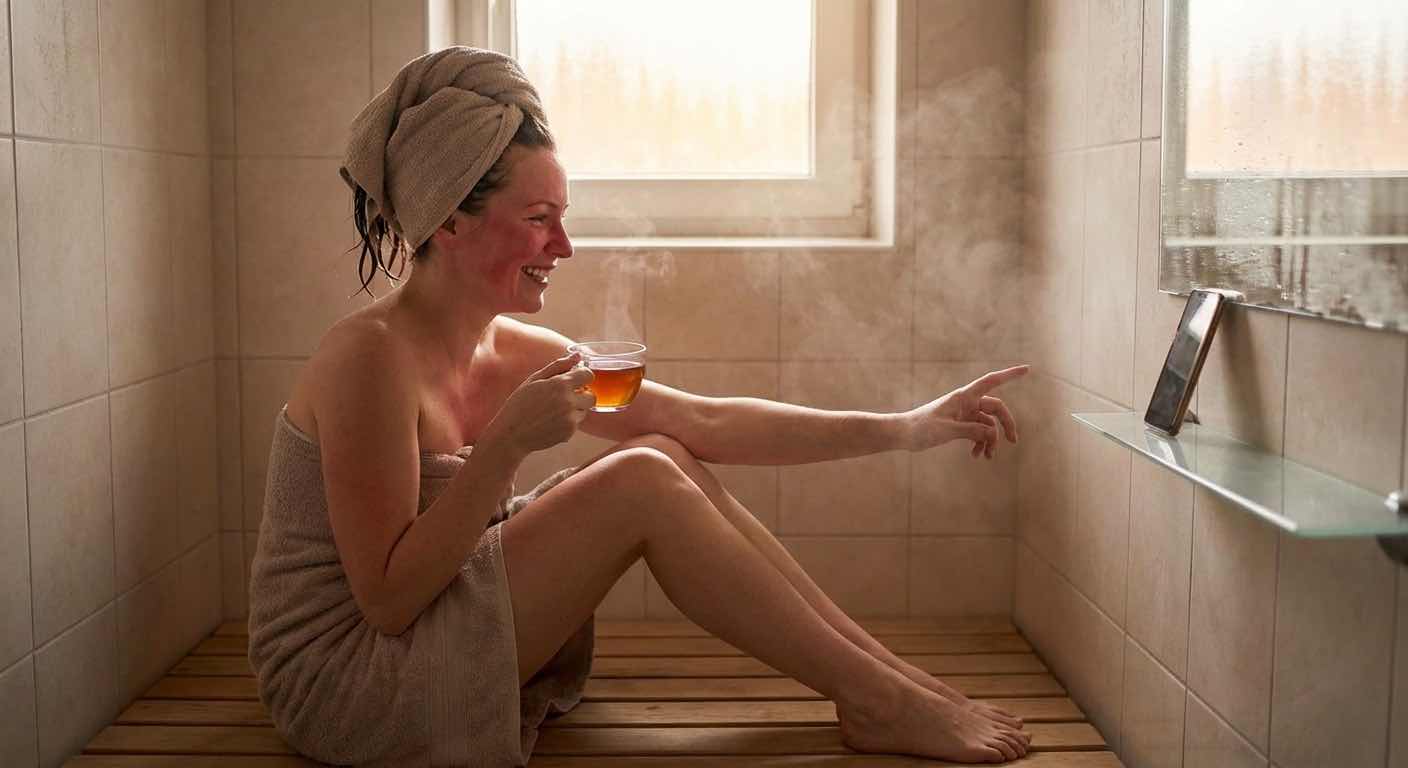 Person teilt Erfahrungen nach dem Dampfbad — entspannt und glücklich nach der Dampf-Session
