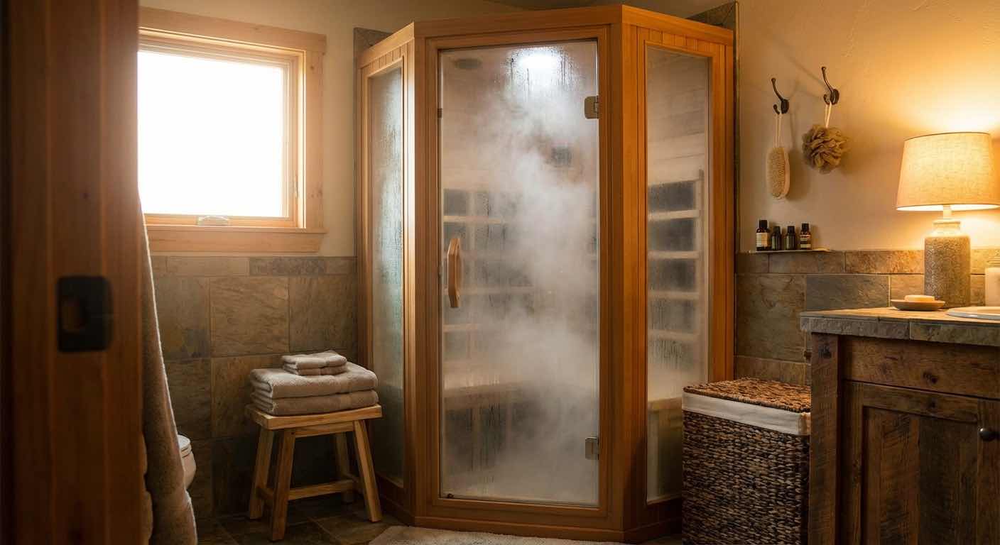 Heimdampfbad-Kabine im Badezimmer — Dampf füllt die Glaskabine nach einem Jahr Nutzung