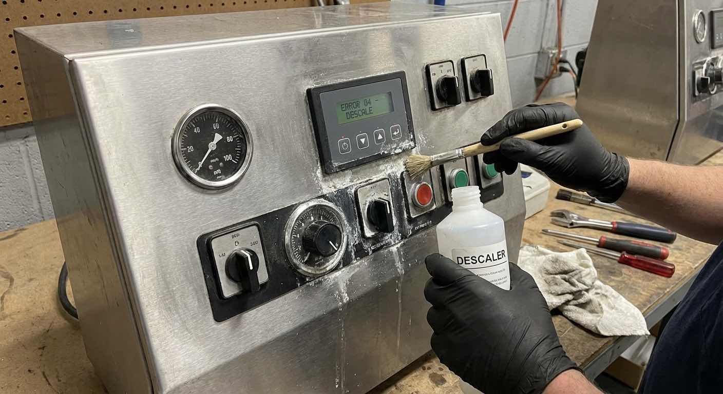 Nahaufnahme Dampfgenerator Bedienfeld und Entkalkung — Wartungserfahrung aus der Praxis