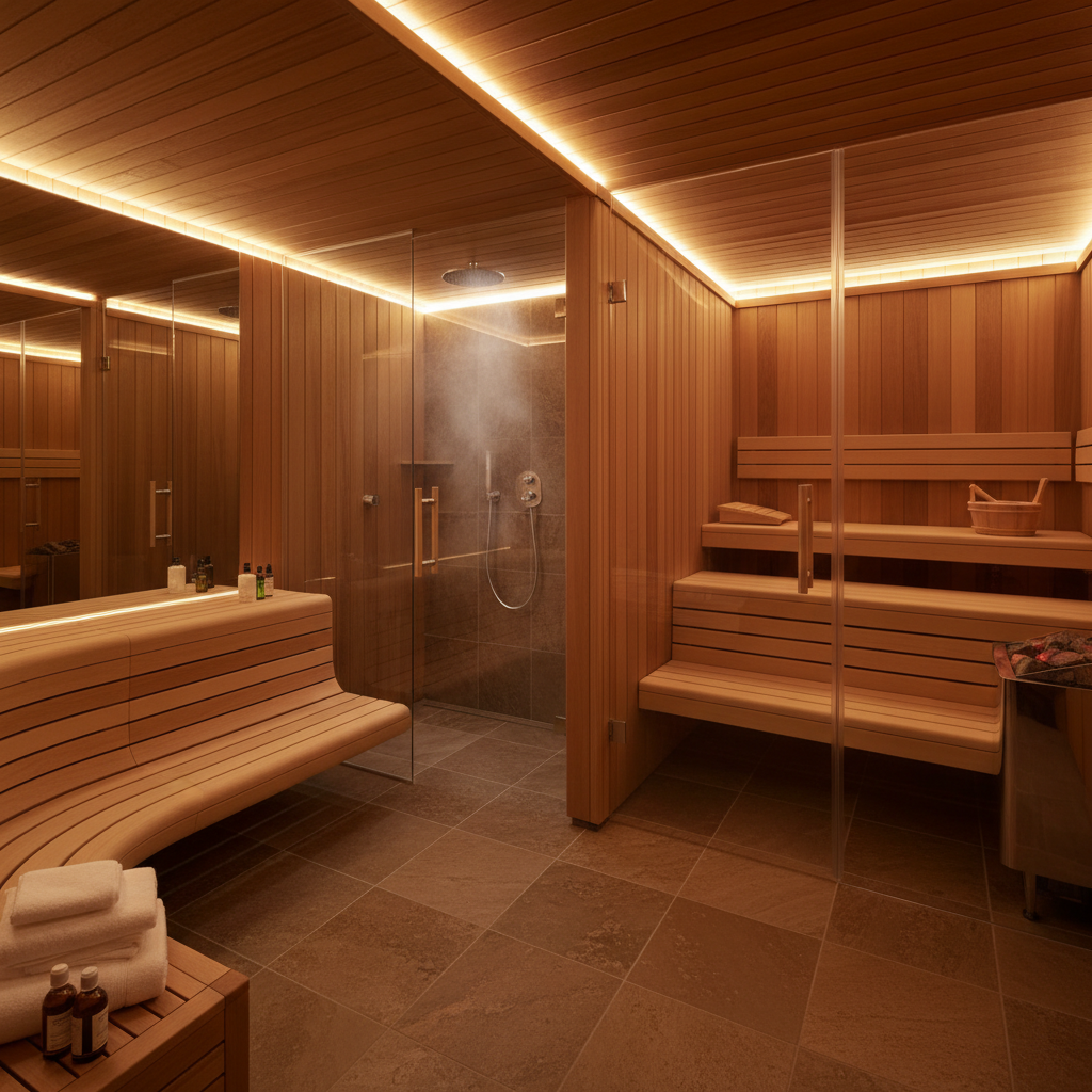 Dampfbad mit Dusche — moderne Kombi-Kabine aus Dusche und Dampfbad im heimischen Badezimmer