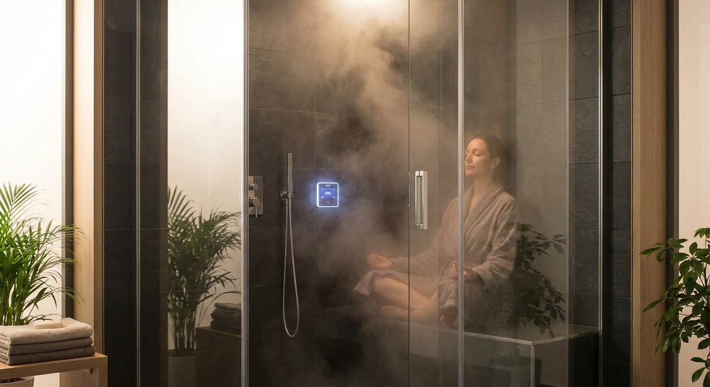 Dampfbad Innenraum mit aufsteigendem Dampf und Glaswänden