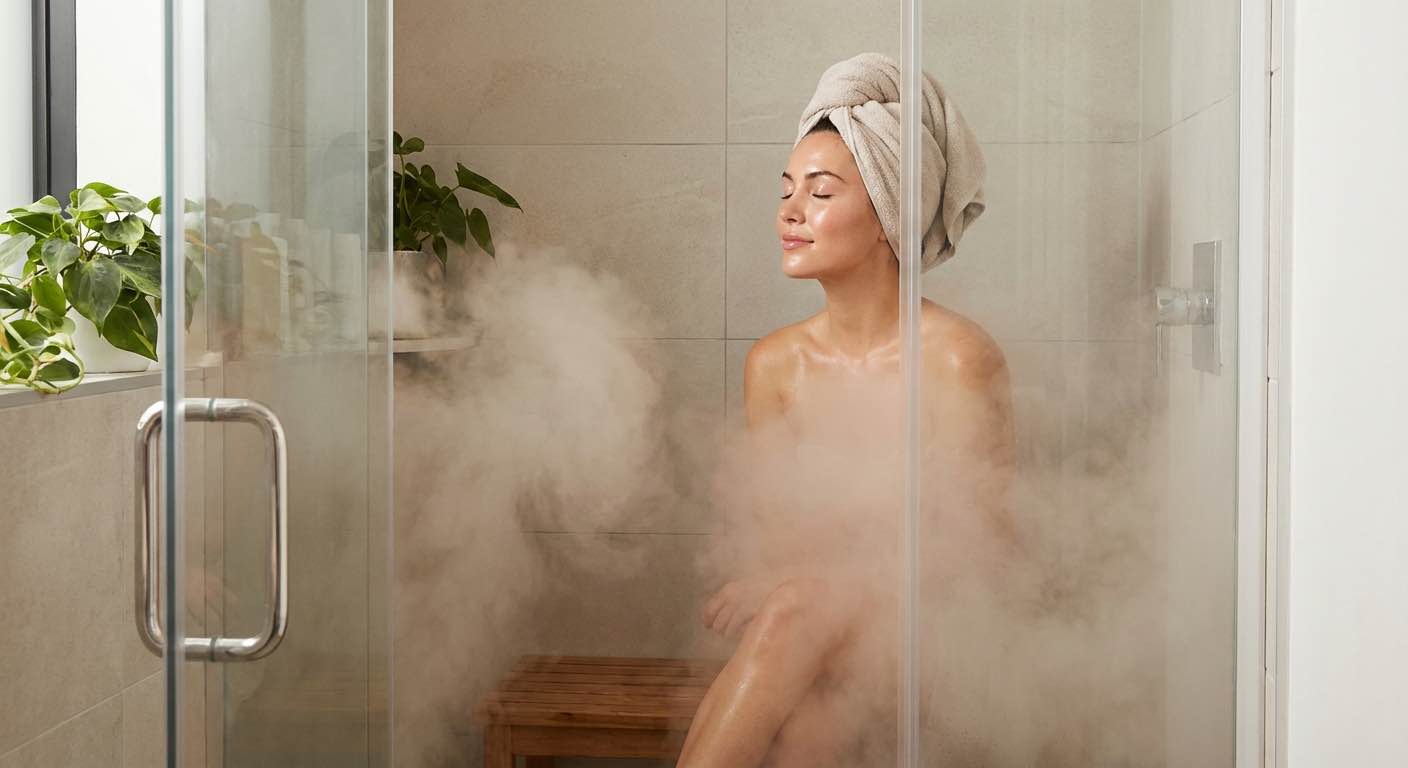 Person genießt Dampfbad zuhause - Wellness und Entspannung