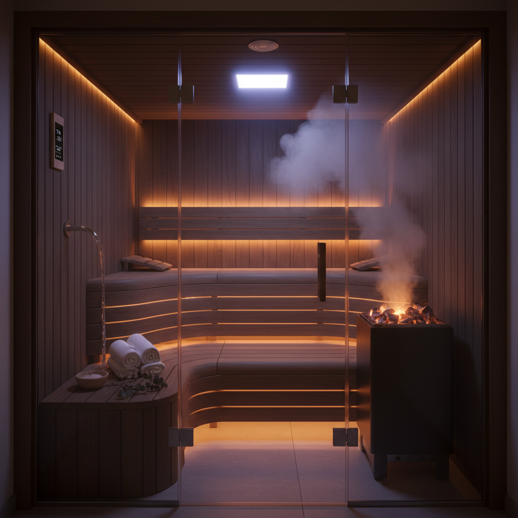 Frau genießt die kombinierten Gesundheitsvorteile von Dampfbad und Sauna