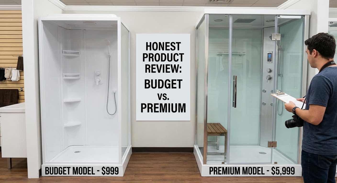 Vergleich Budget-Dampfkabine und Premium-Modell nebeneinander — klarer Qualitätsunterschied