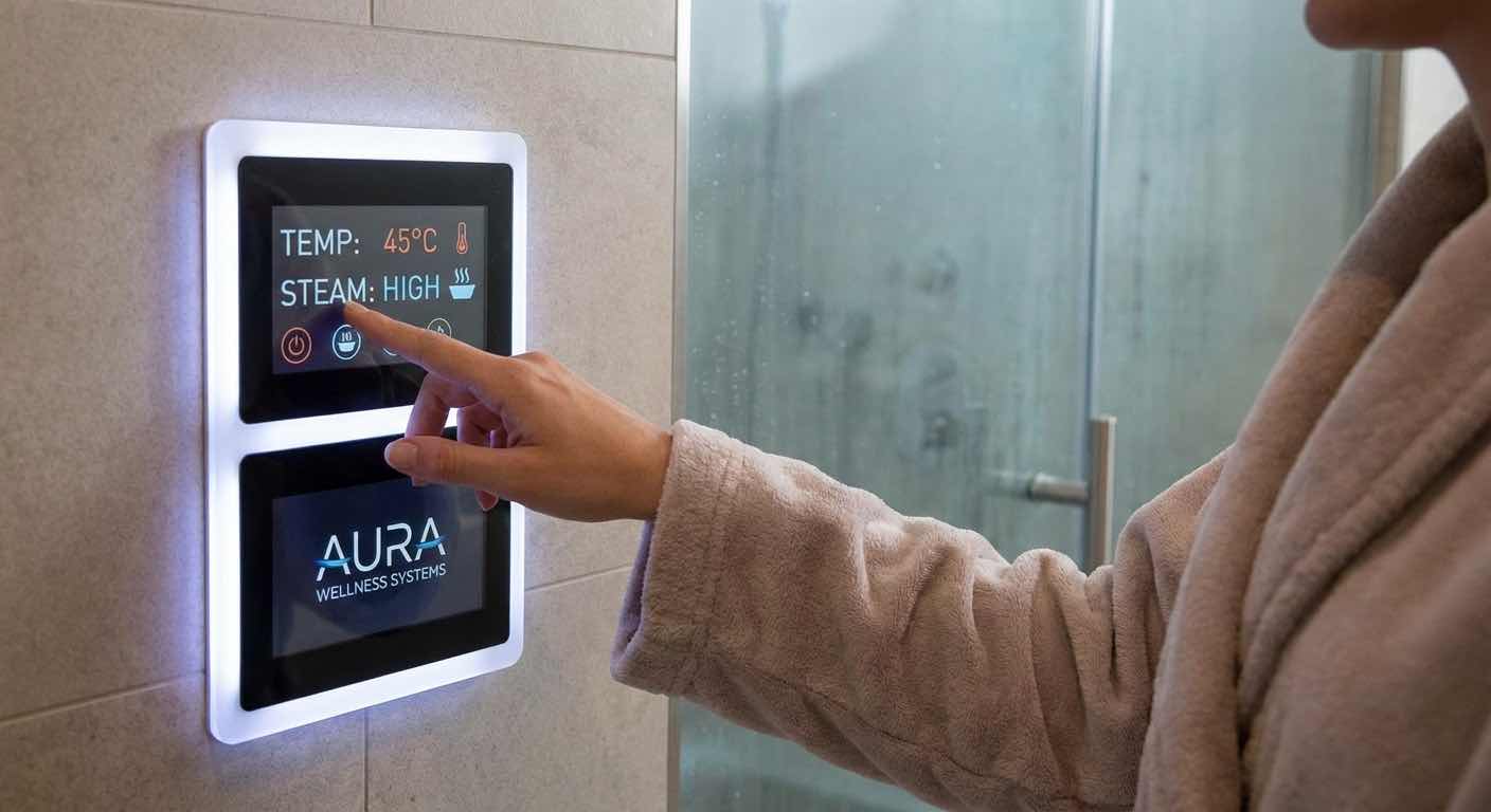 Person bedient das digitale Kontrollpanel eines modernen Dampfbades