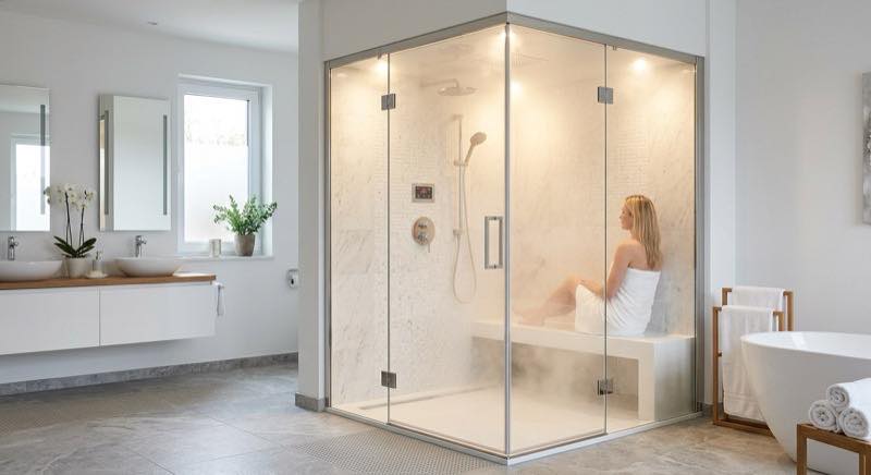 Dampfdusche Test 2026 — moderne Dampfduschkabine mit Dampfwolke im Badezimmer