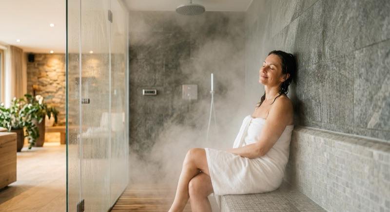 Dampfdusche Gesundheitsvorteile — entspannte Person in Dampfkabine