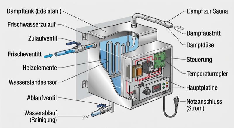 Dampfgenerator Sauna Test — Dampferzeuger Edelstahl mit Steuerung und Dampfdüse