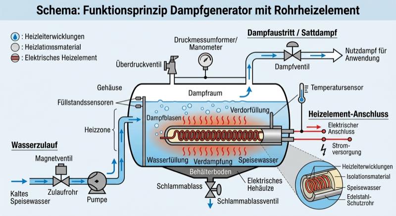 Dampfgenerator Funktionsprinzip — Schema mit Tank, Heizelement, Dampfrohr und Düse