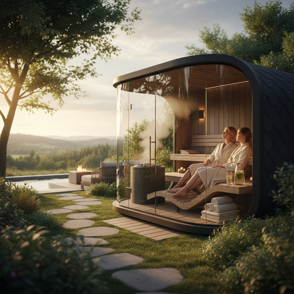 Moderne Dampfsauna im Garten mit Ausblick ins Grüne