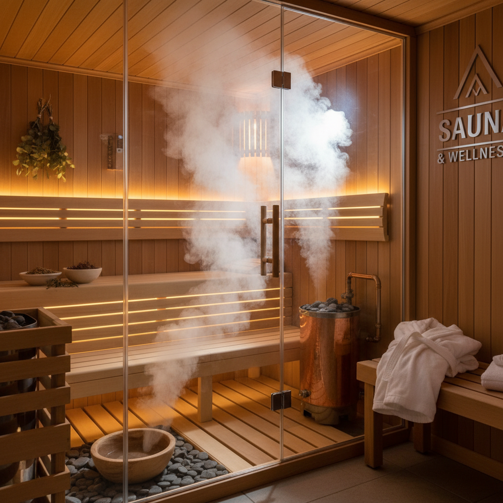 Reinigung einer Dampfsauna – Abwischen der Fliesen und Entfernen von Kalkablagerungen