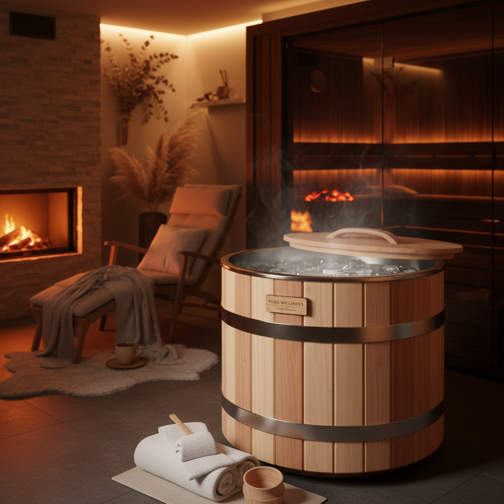 Person beim Eisbaden in einer Eistonne im Garten