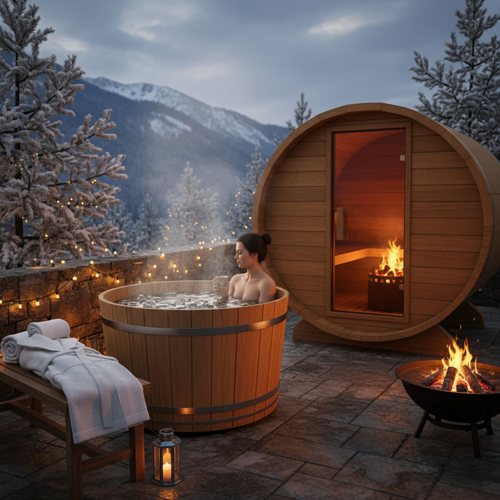 Person beim Eisbaden in einem Holzfass im winterlichen Garten