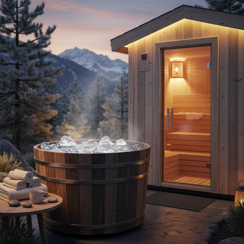 Eisbaden im Holzfass im Garten — Erholung durch Kälte