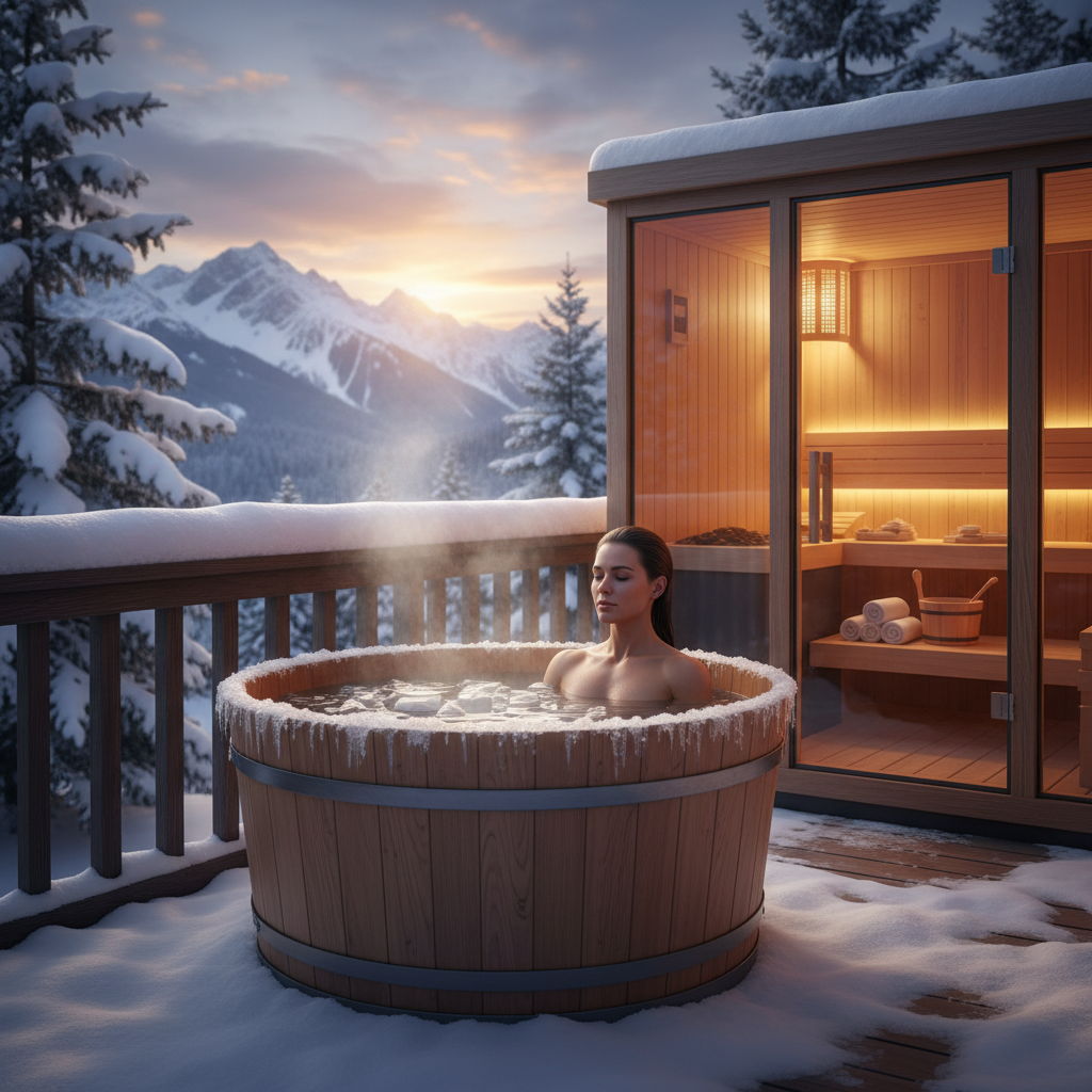 Eistonne auf dem Balkon für tägliches Eisbaden zu Hause