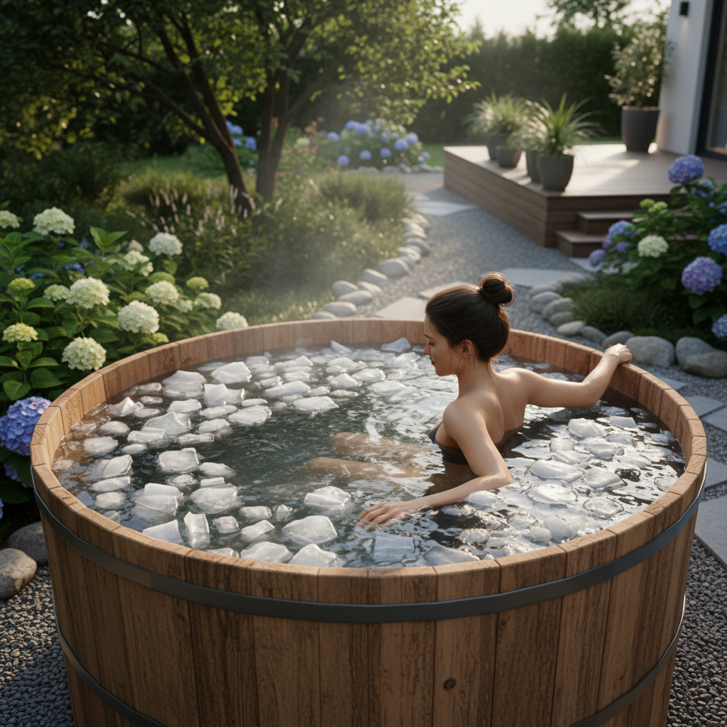 Holzeistonne aus Zedernholz im Garten mit eiskaltem Wasser gefüllt