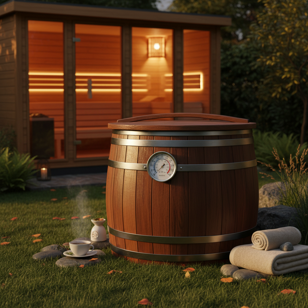 Isolierte Eistonne mit Thermometer und Abdeckung im Garten aufgestellt