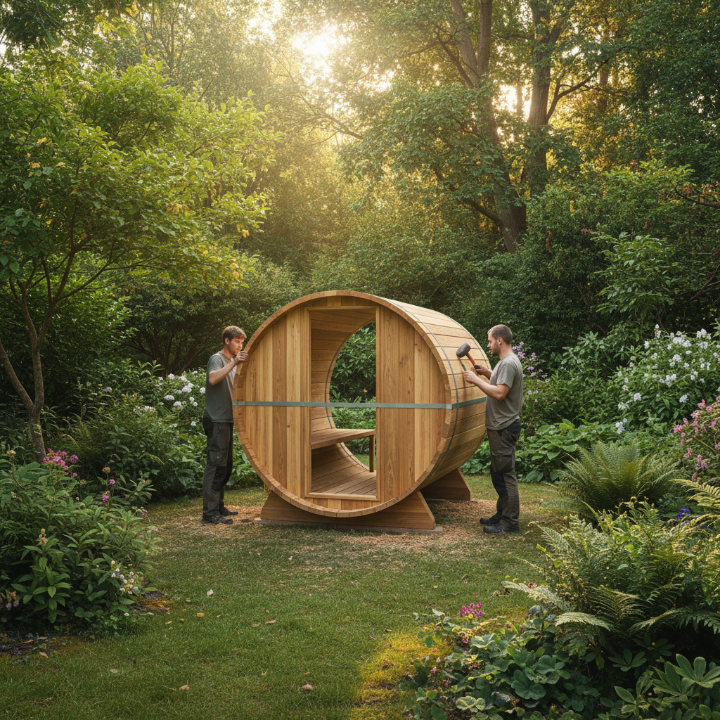 Fertig aufgebaute Fasssauna im Garten mit geöffneter Holztür