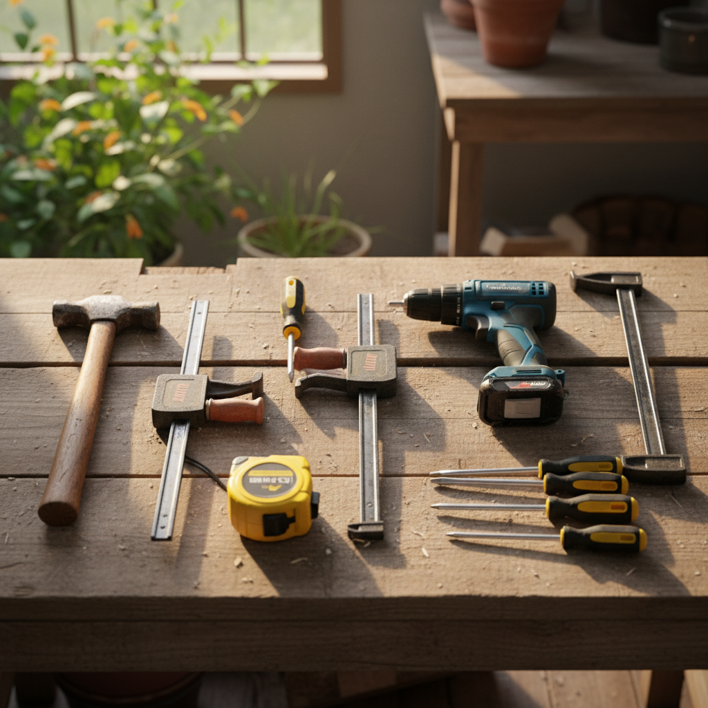 Werkzeug für den Fasssauna-Aufbau: Akkuschrauber, Wasserwaage, Gummihammer