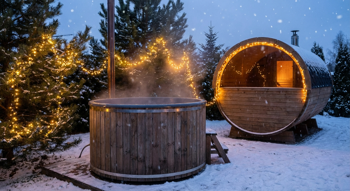 Dampfendes Badefass neben einer Fasssauna im winterlichen Garten