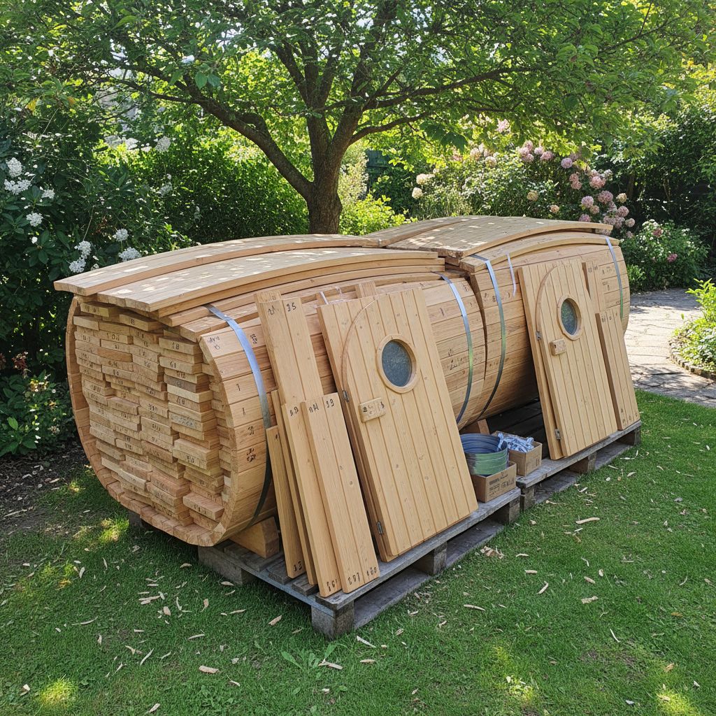 Fasssauna Bausatz im Aufbau im Garten