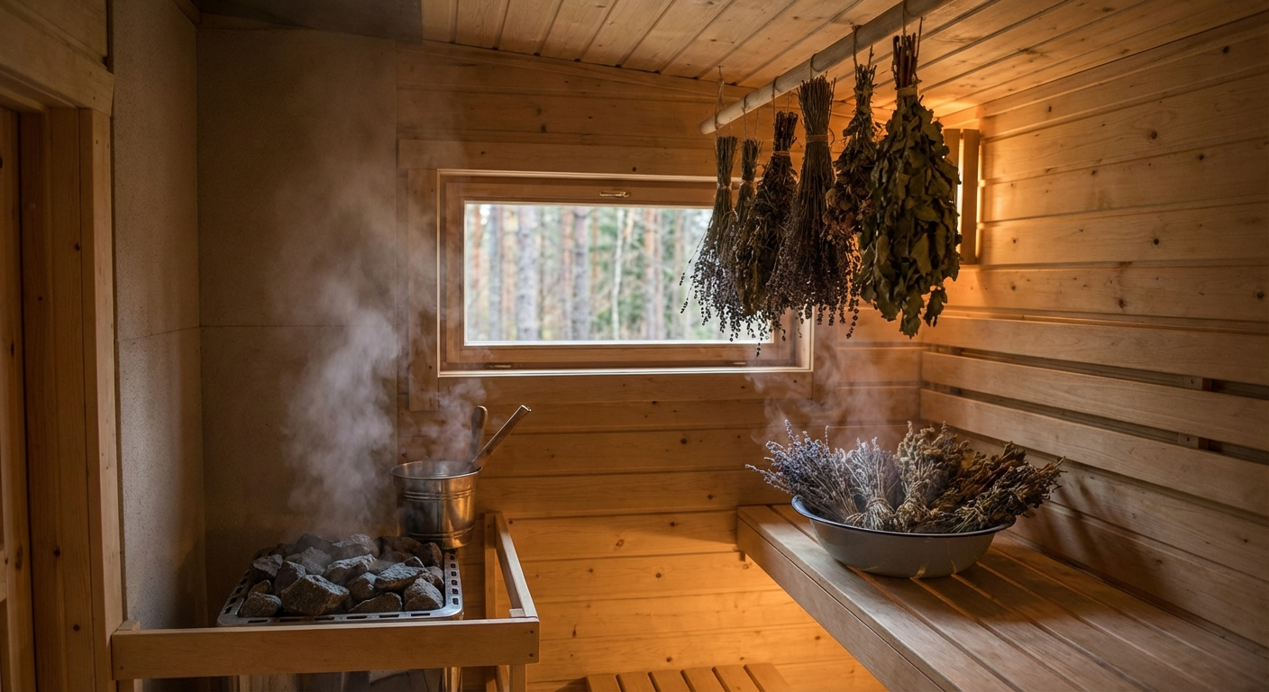 Bio-Sauna Atmosphäre mit Kräutern, Dampf und sanftem Licht in einer Fasssauna