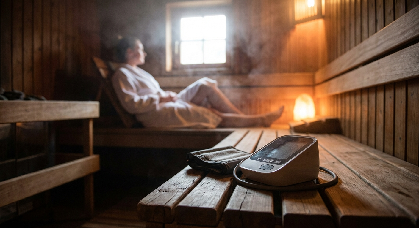 Blutdruckmessgerät auf einer Sauna-Bank