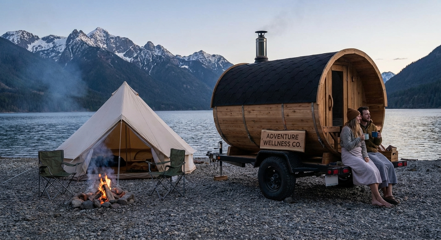 Mobile Fasssauna auf einem Anhänger am Seeufer bei Sonnenuntergang