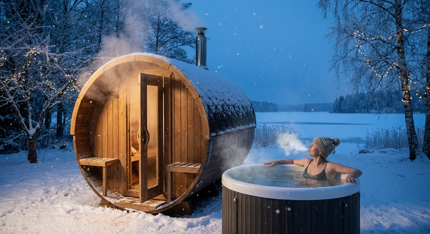 Eisbad neben einer Fasssauna im winterlichen Garten