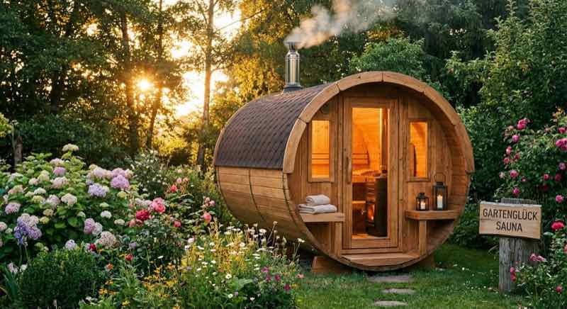 Fasssauna im Garten — atmosphärische Aufnahme in der Abenddämmerung