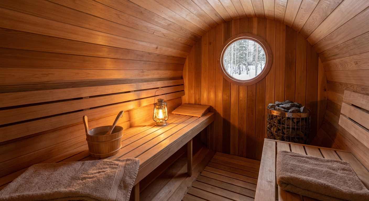 Holzofen in der Fasssauna — Nahaufnahme der Feuerstelle