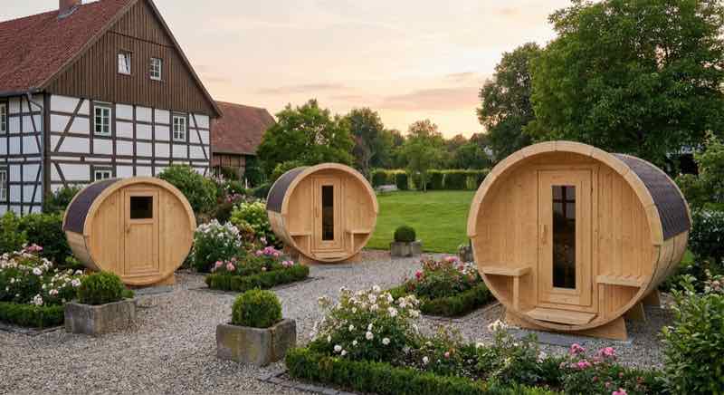 Innenraum einer Fasssauna — Holzbänke und Aufgussofen