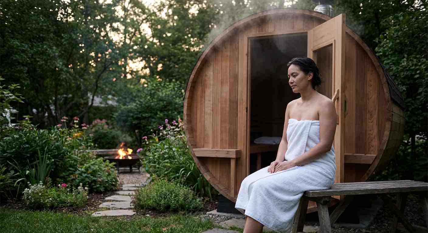 Außenbereich einer Fasssauna im Garten — Terrassenbereich mit Abkühlung