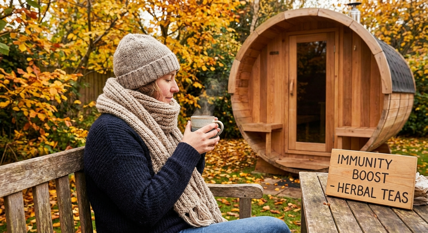 Person mit Tee und Schal neben einer Fasssauna