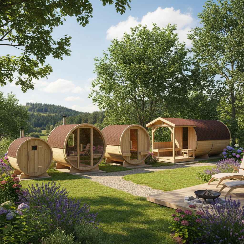 Verschiedene Fasssaunen in unterschiedlichen Größen im Garten