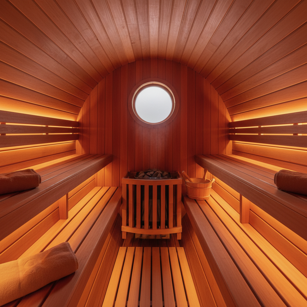 Gemütlich gestalteter Innenraum einer Fasssauna mit warmem Licht