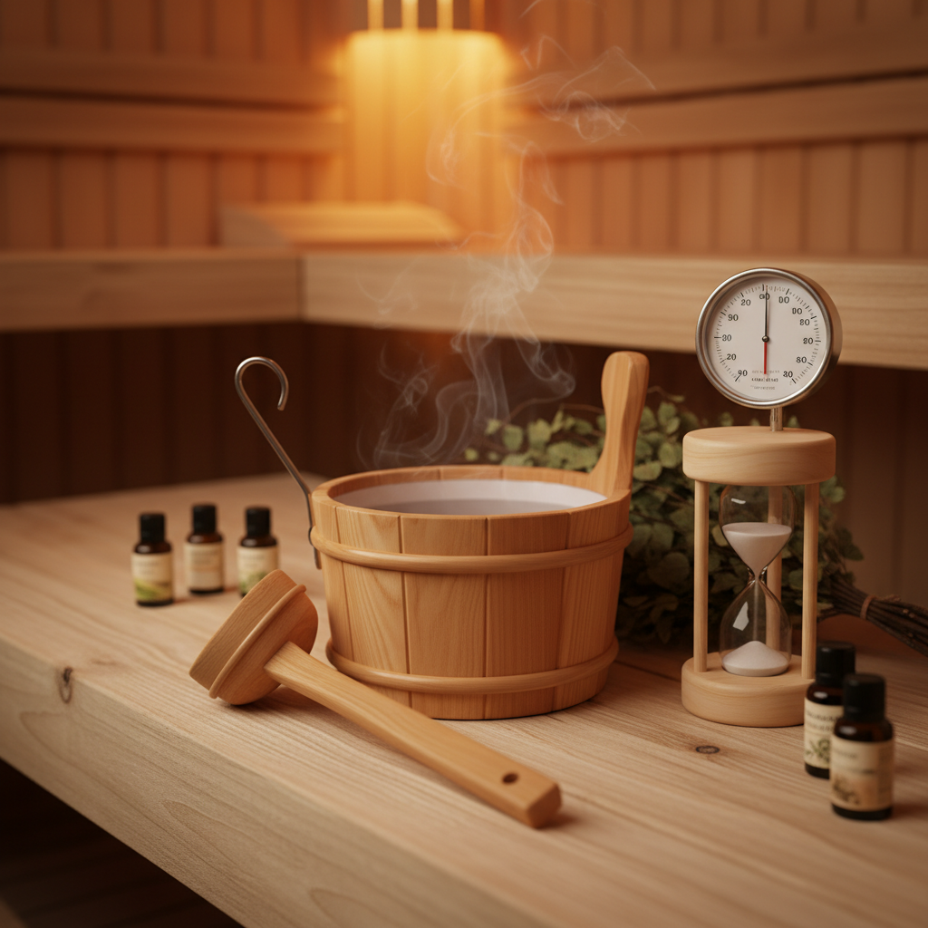 Person entspannt in einer stilvoll eingerichteten Fasssauna